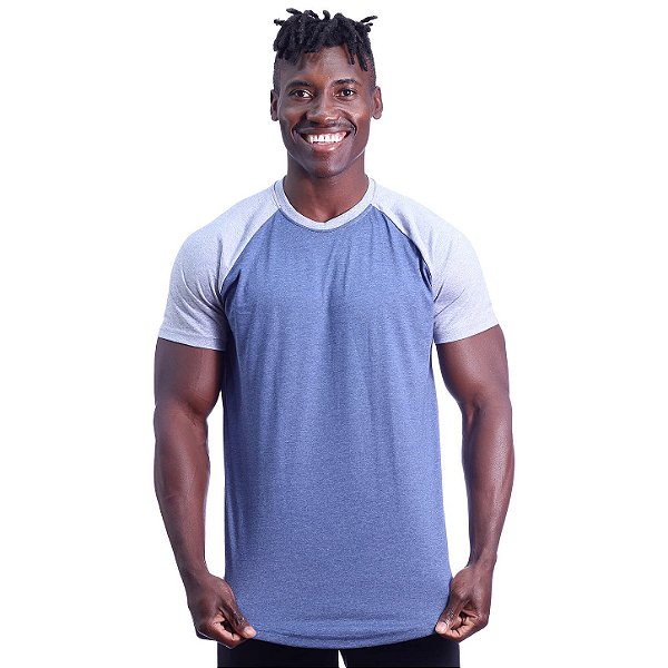 Camiseta Longline 100% Algodão Masculina MXD Conceito Raglan Cinza e Azul Petróleo