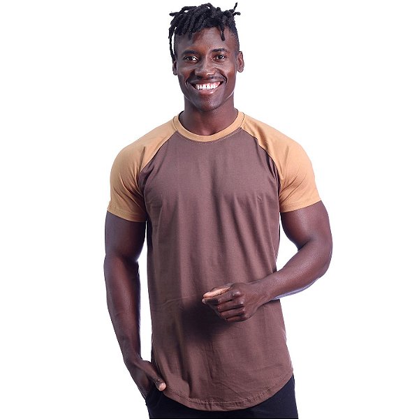 Camiseta Longline 100% Algodão Masculina MXD Conceito Raglan Marrom Claro e Marrom Escuro