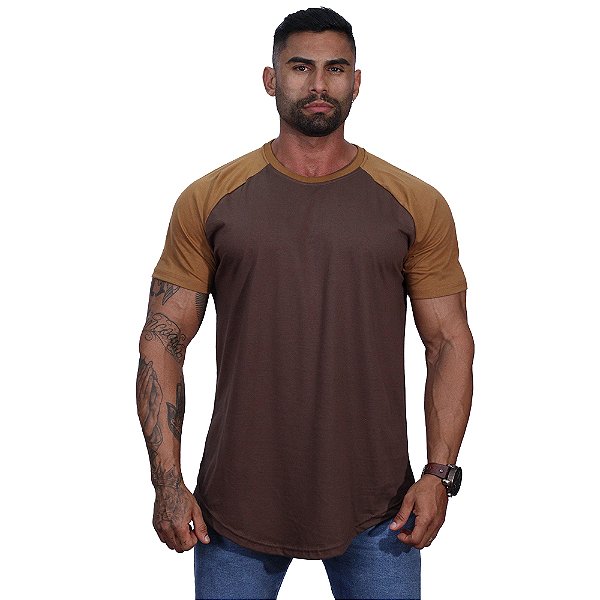 Camiseta Longline 100% Algodão Masculina MXD Conceito Raglan Marrom Claro e Marrom Escuro