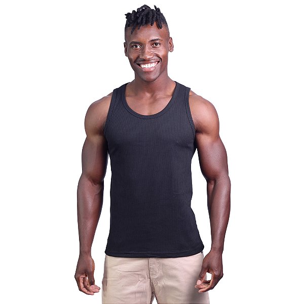 Regata Malha Canelada Masculina Modelo Americano MXD Conceito Cores Básicas Preto