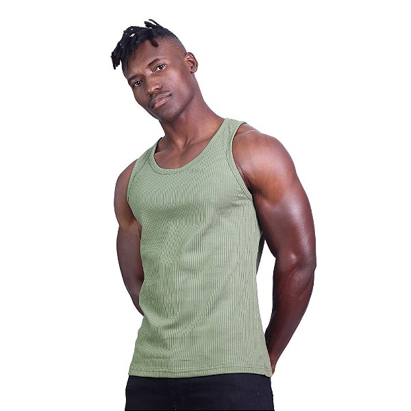 Regata Malha Canelada Masculina Modelo Americano MXD Conceito Cores Básicas Verde Militar