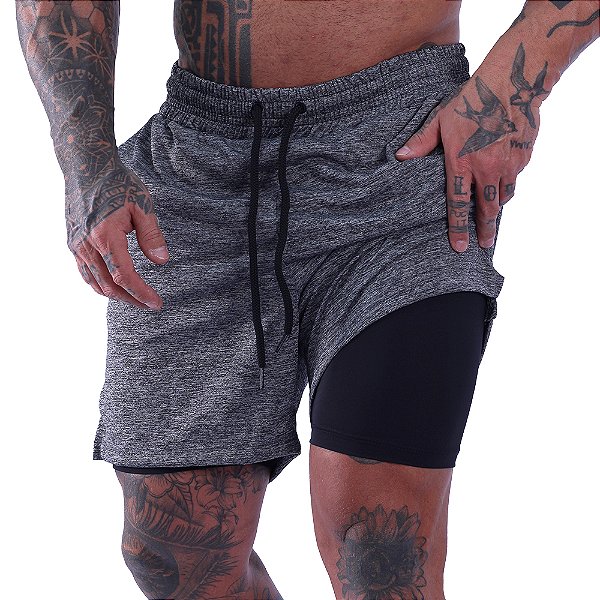 Bermuda Dupla 2 Em 1 Compressão com Suporte Toalha e Bolso Interno MXD Conceito Cinza Rajado