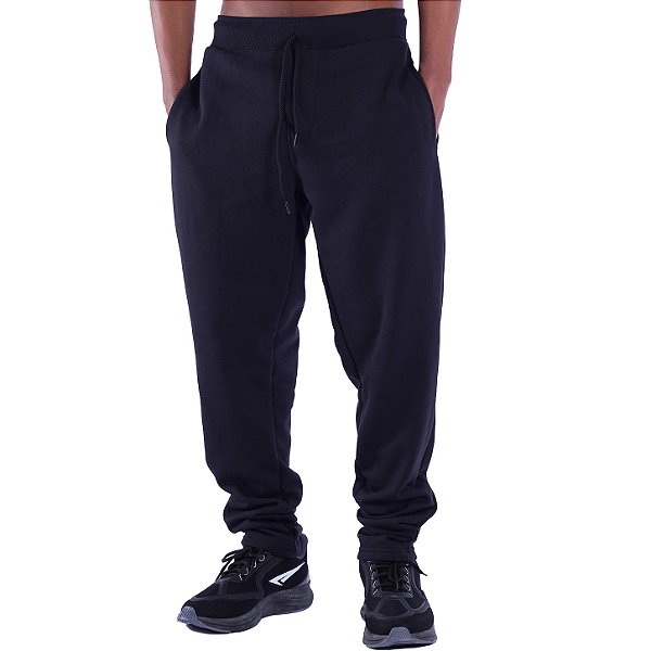 Calça Masculina Moletom Peluciada Sem Punho MXD Conceito Bolso Lateral Preta