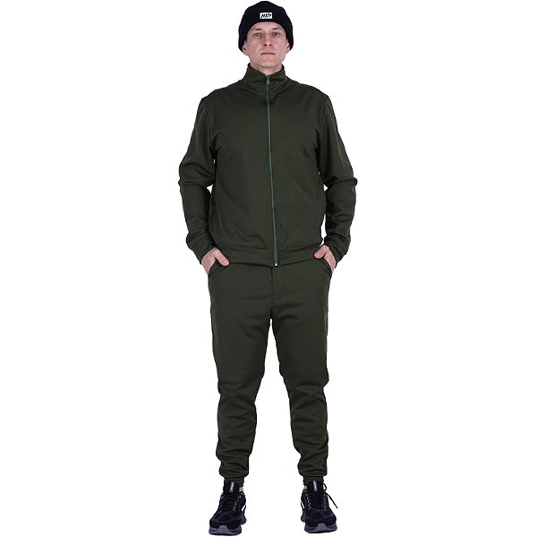 Conjunto Agasalho Em Helanca Peluciada 100% Poliéster Com Bolso e Gola Alta Verde Militar