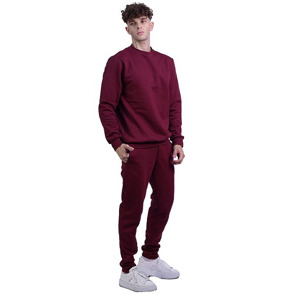 Conjunto De Moletom Basico Blusa Basic Sem Capuz e Calça Basic Com Bolso Masculina MXD Conceito Bordô