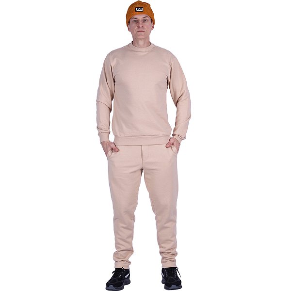 Conjunto De Moletom Basico Blusa Basic Sem Capuz e Calça Basic Com Bolso Masculina MXD Conceito Bege