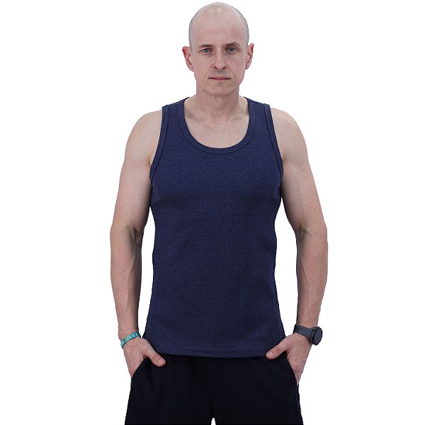 Regata Malha Canelada Masculina Modelo Americano MXD Conceito Cores Básicas Marinho