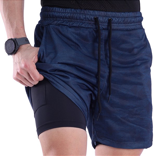 Bermuda Dupla 2 Em 1 Compressão com Suporte Toalha e Bolso Interno MXD Conceito Azul Petróleo