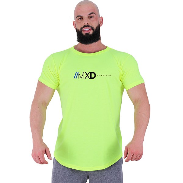 Camiseta Longline Masculina Estampado MXD Conceito Logo Centralizada Amarelo Fluorescente