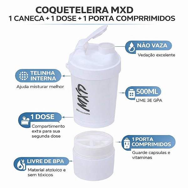 Coqueteleira Duas Doses + Porta Comprimido Academia MXD Conceito Branco 500ML