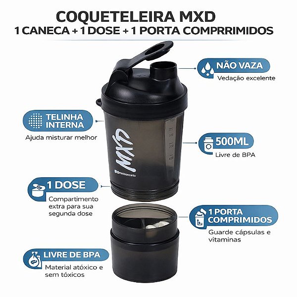 Coqueteleira Duas Doses + Porta Comprimido Academia MXD Conceito Preto 500ML