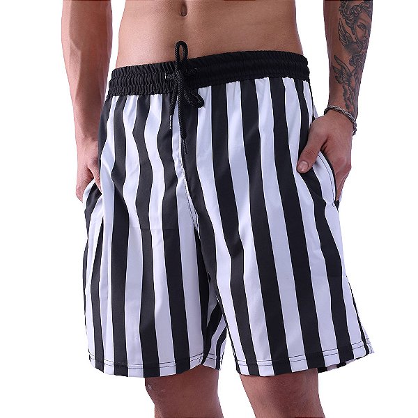 Bermuda em Tactel com Elastano Masculino MXD Conceito 3 Bolsos Listrado Preto e Branco