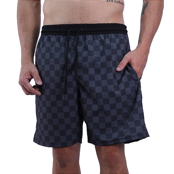 Bermuda em Tactel com Elastano Masculino MXD Conceito 3 Bolsos Xadrez Preto e Chumbo