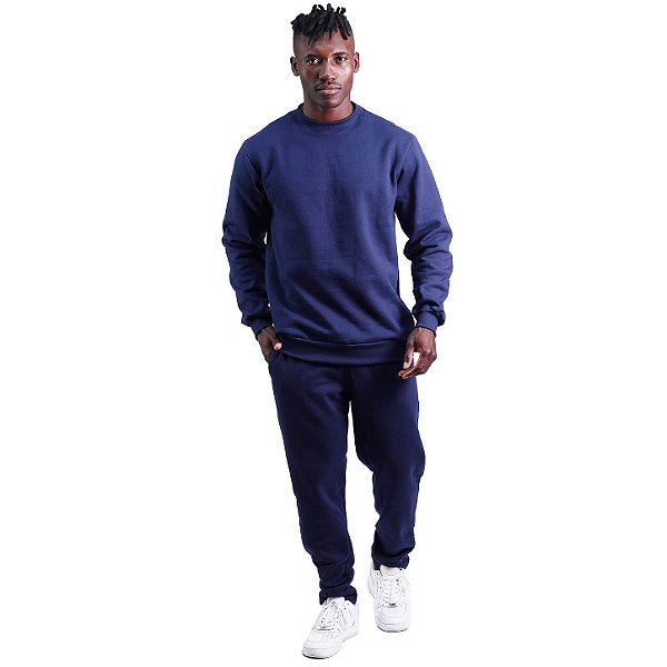 Conjunto De Moletom Basico Blusa Basic Sem Capuz e Calça Basic Com Bolso Masculina MXD Conceito Azul Marinho