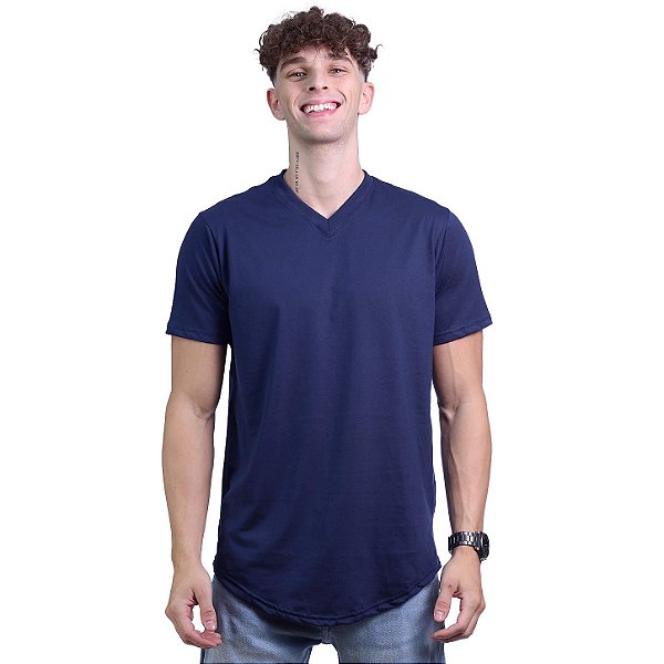 Camiseta Longline Decote V Masculina MXD Conceito 100% Algodão 30.1 Penteado PIMA-USA Azul Marinho