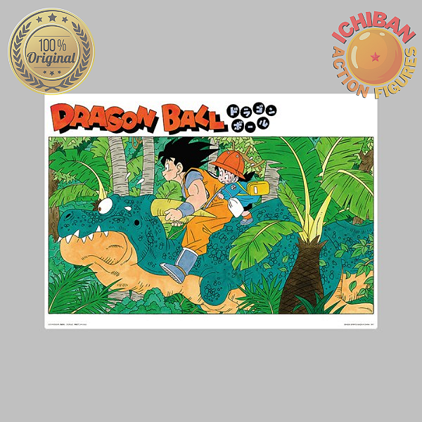 MEGA PÔSTER GOKU COM GOHAN KID NO DINOSSAURO DRAGON BALL Z LETRA I ICHIBAN KUJI 100% ORIGINAL LACRADO