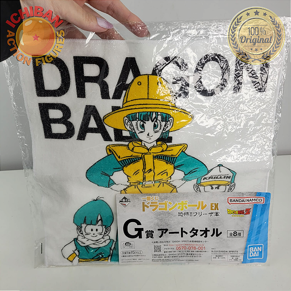 TOALHA BULMA DE AMARELO, KURIRIN E GOHAN  DRAGON BALL Z LETRA G ICHIBAN KUJI 100% ORIGINAL LACRADO