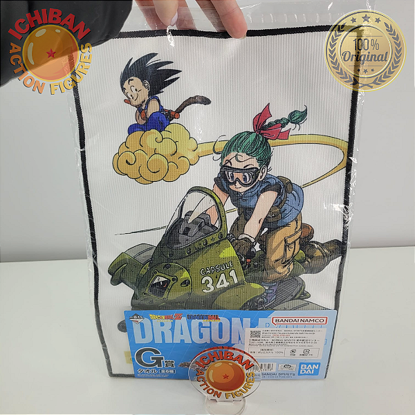 TOALHA BULMA NA NAVE E GOKUZINHO DRAGON BALL LETRA G ICHIBAN KUJI 100% ORIGINAL LACRADO