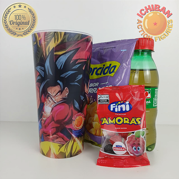 COPO DRAGON BALL GT GOKU E VEGETA SSJ4 COM SHENLONG ICHIBAN ACTION FIGURES + SNACKS PACOTE BLACK