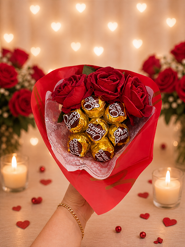Buquê Ouro Branco e Rosas Eternas K1966