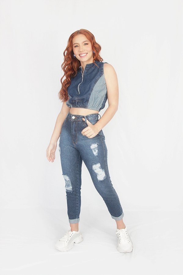 CROPPED ZIPER FRENTE JEANS BICOLOR