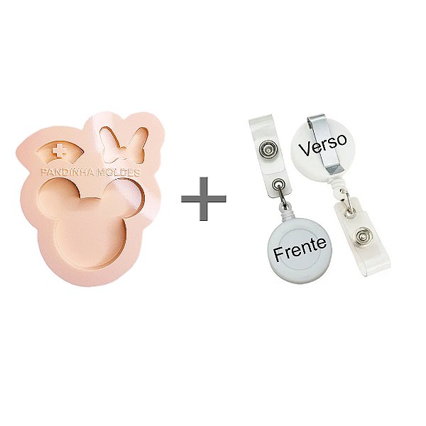 01 Molde de Silicone Crachá Mickey e Minnie + 03 Portas Crachás Retráteis Roller Clip