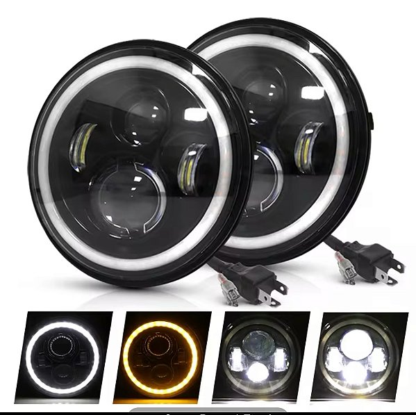 Jogo de Farol Led 7 Pol Angel Eye 7” Fusca 73/ Kombi 76 + Suporte