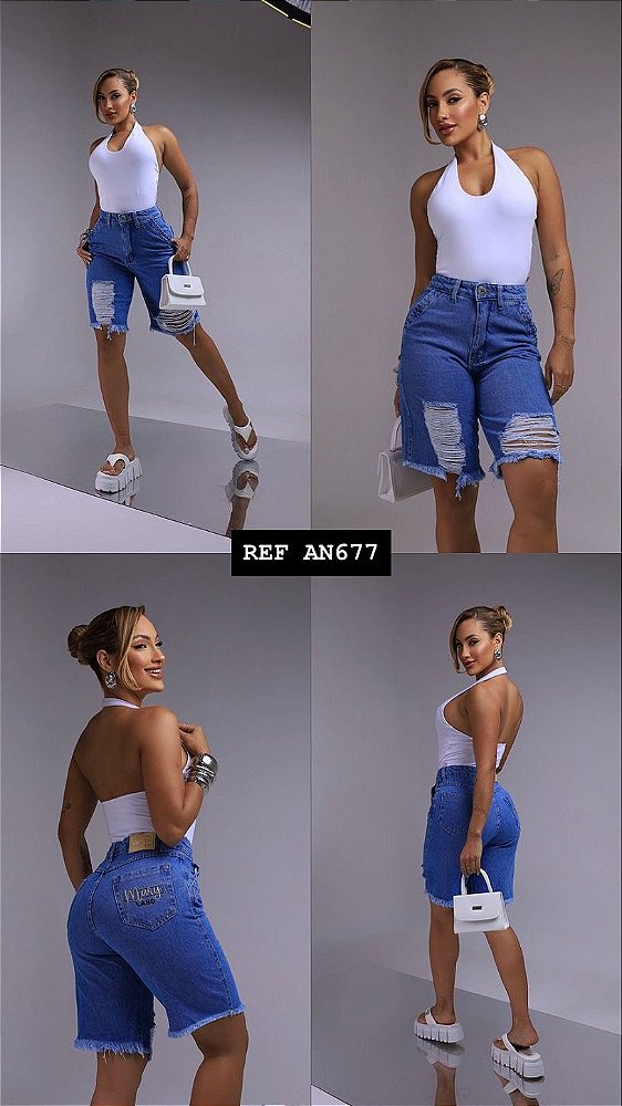 BERMUDA JEANS DESTROYD 100% COM BORDADO
