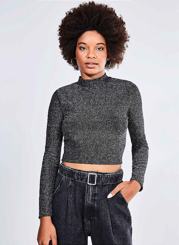 Blusa Cropped Gola Alta com Fio Metalizado