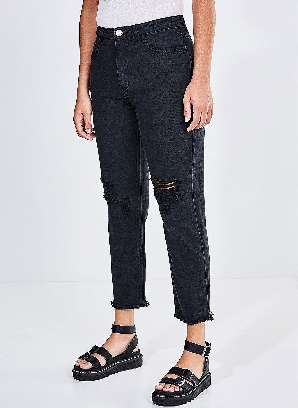 Calça em Sarja Reta com Puídos