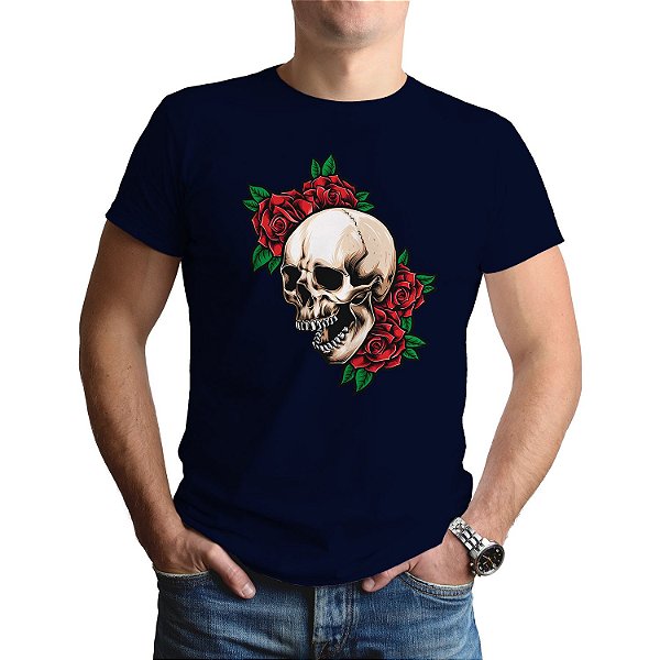 Camiseta Camisa Caveira Skull Rosas