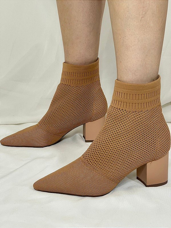 Bota Knit Salto Bloco Bege Talita