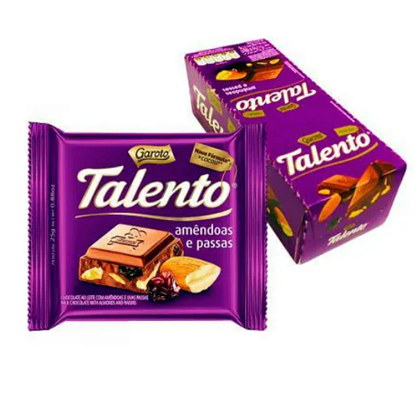 Chocolate ao leite amêndoas e passas TALENTO 25g - C/ 15 un
