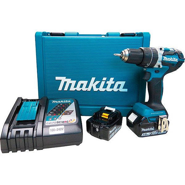 Parafusadeira Impacto 18V Makita DHP484RFE C/2 Bateria 3.0Ah Carregador Rápido +Maleta