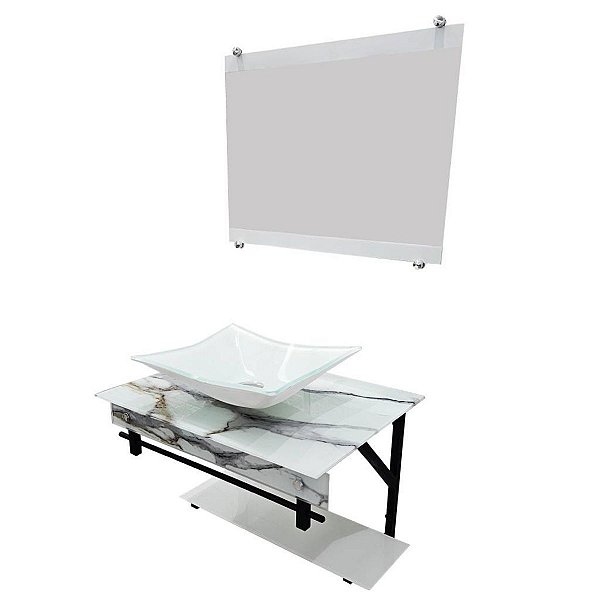Gabinete de Vidro Miami Luxo com Cuba e Espelho Vmex Calacata Branco 60x45cm