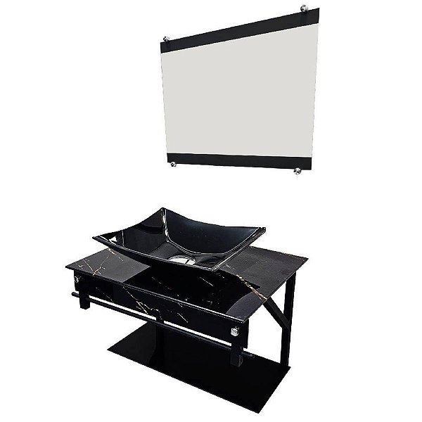 Gabinete de Vidro Miami Luxo com Cuba e Espelho Vmex Calacata Preto 60x45cm