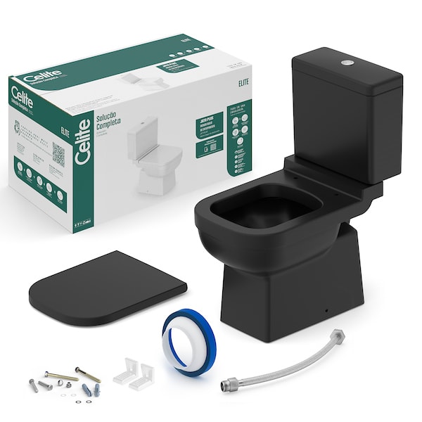 Kit Completo Celite Vaso Sanitário com Caixa Acoplada Elite Matte Black, Assento PP SoftClose e Kit de Instalação