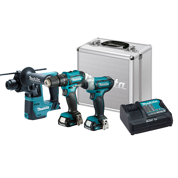 Combo Makita 12V – Furadeira/Parafusadeira HP333D + Parafusadeira de Impacto TD110D com Maleta + Martelete Rotativo HR140DZ