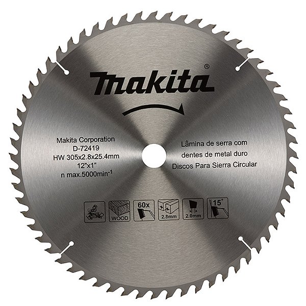 Disco de Serra Circular Makita 305mm x 25.4mm 60 Dentes para Madeira D-72419
