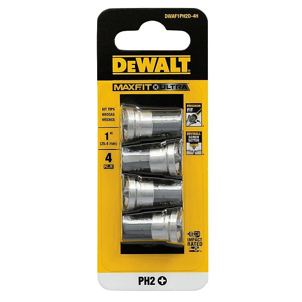 Kit 4 Bits Phillips PH2 para Drywall com Limitador Dewalt Maxfit Ultra DWAF1PH2D-4H
