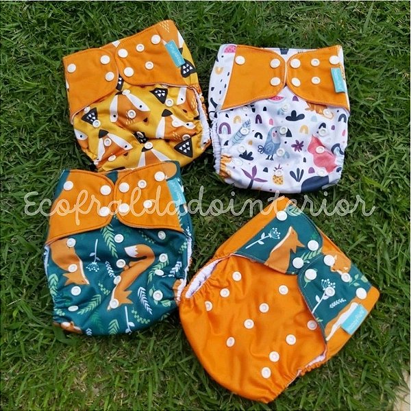 KIT 4 FRALDAS ECOLÓGICAS HAPPY FLUTE  - LARANJA INTENSO RAPOSA