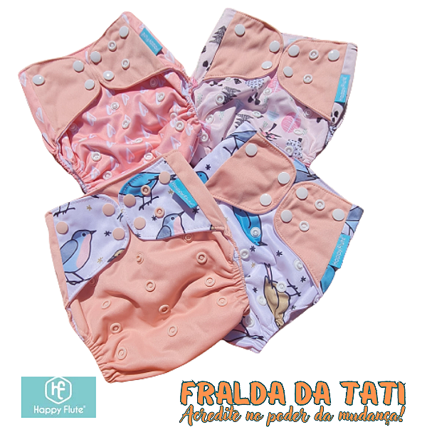 KIT 4 FRALDAS ECOLÓGICAS HAPPY FLUTE - ROSA BEBÊ PASSARINHO