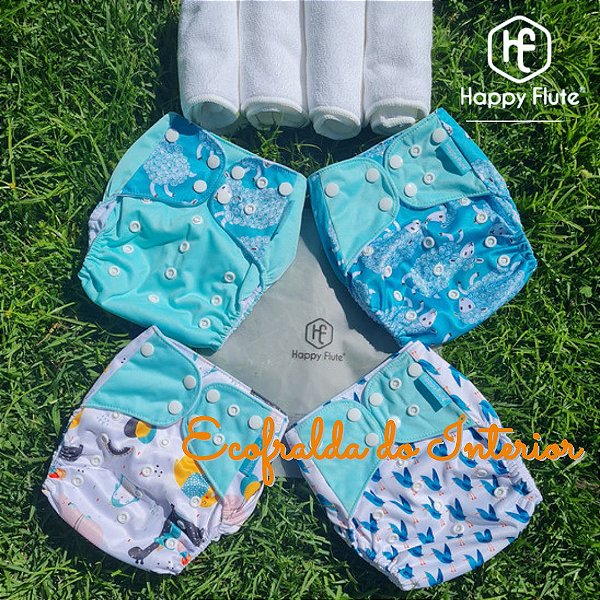 PRONTO PRA USAR - 4 ABSORVENTES + 04 FRALDAS ECOLÓGICAS KIT HAPPY FLUTE - AZUL CELESTE CARNEIRINHOS
