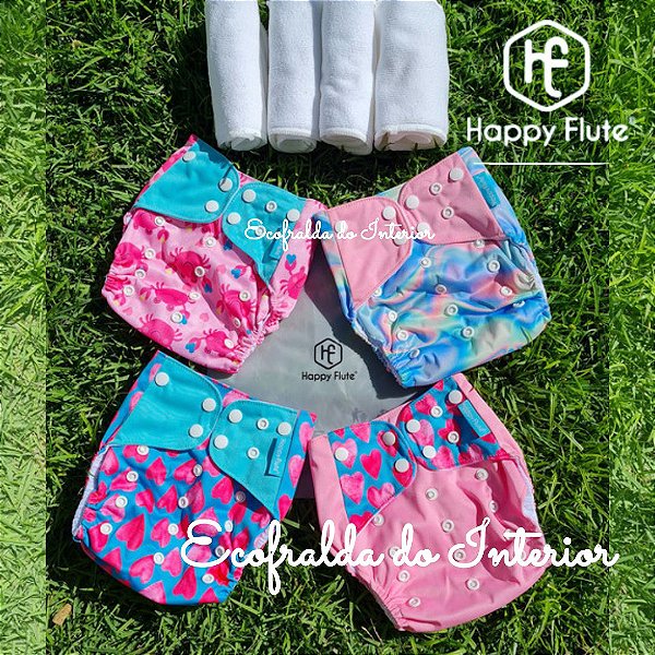 PRONTO PRA USAR - KIT 4 FRALDAS ECOLÓGICAS HAPPY FLUTE - ROSA CORAÇÕES TIE DYE