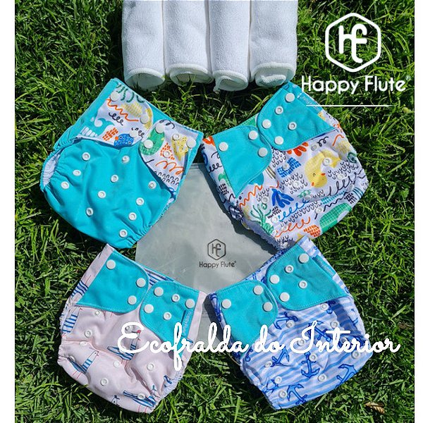 PRONTO PRA USAR - 4 FRALDAS ECOLÓGICAS KIT HAPPY FLUTE - VERDE ÁGUA NAVAL