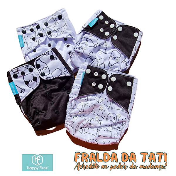 PRONTO PRA USAR - 4 ABSORVENTES + 4 FRALDAS ECOLÓGICAS KIT HAPPY FLUTE - PRETINHO MILK