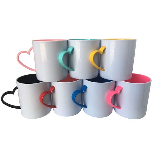 Caneca Polímero Alça Coração Colorida- 325 ml (P/ Sublimação)