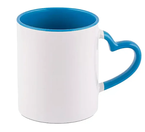Caneca Branca com Alça Coração Azul Turquesa - Interior e Alça Colorida 325ml | Para Personalização/ Sublimação