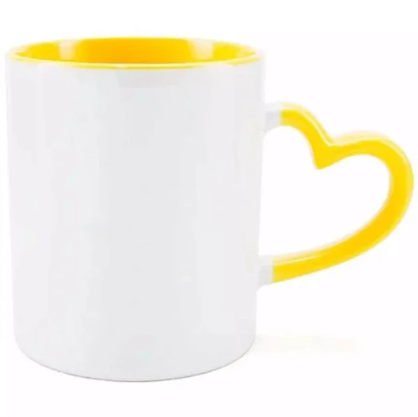 Caneca Branca com Alça Coração Amarelo - Interior e Alça Colorida 325ml | Para Personalização/ Sublimação