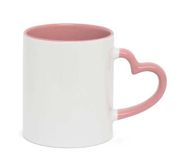 Caneca Branca com Alça Coração Rosa Claro - Interior e Alça Colorida 325ml | Para Personalização/ Sublimação